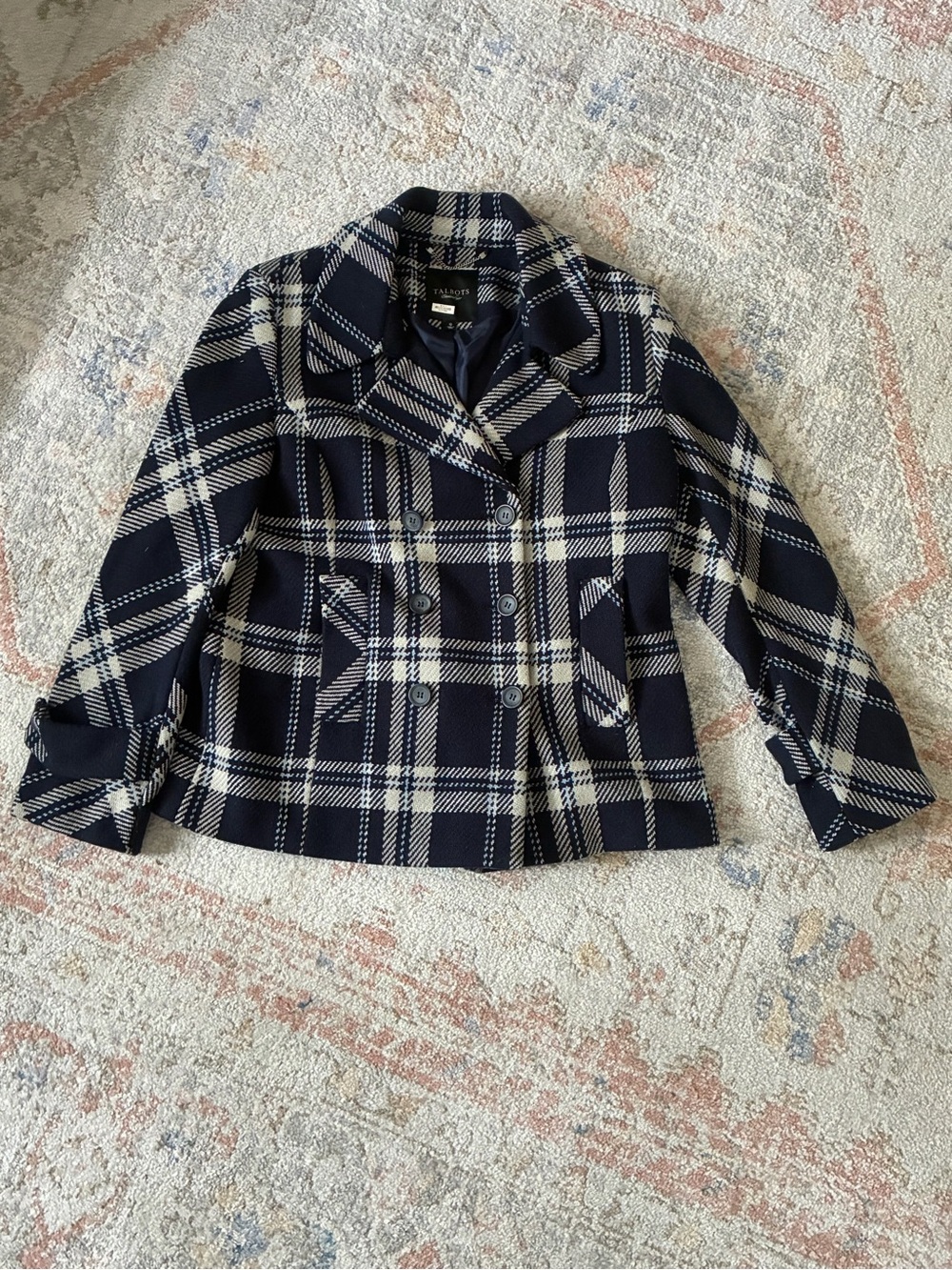 Talbots Navy Plaid Double Breasted Short Peacoat Jacket Sz 12 Preppy Academic